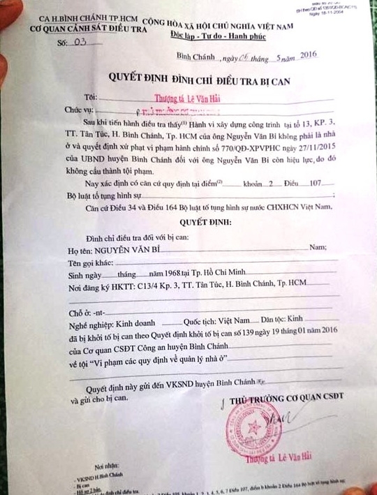 Quyết định đình chỉ điều tra bị can Nguyễn Văn Bỉ