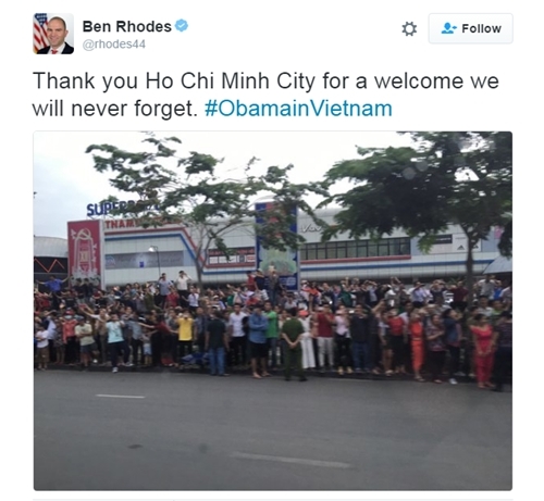 Phó cố vấn An ninh Quốc gia Mỹ Ben Rhodes chia sẻ cảm xúc về sự chào đón dành cho phái đoàn Mỹ ở thành phố Hồ Chí Minh trên Twiiter. Ảnh chụp màn hình.