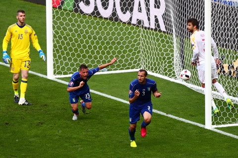 Niềm vui của Chiellini sau khi dứt điểm tung lưới De Gea