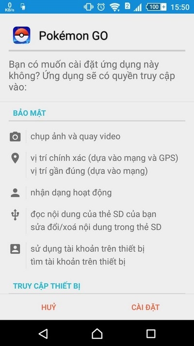 Pokemon GO đòi hỏi nhiều quyền hạn truy cập khi cài đặt trên thiết bị của người dùng
