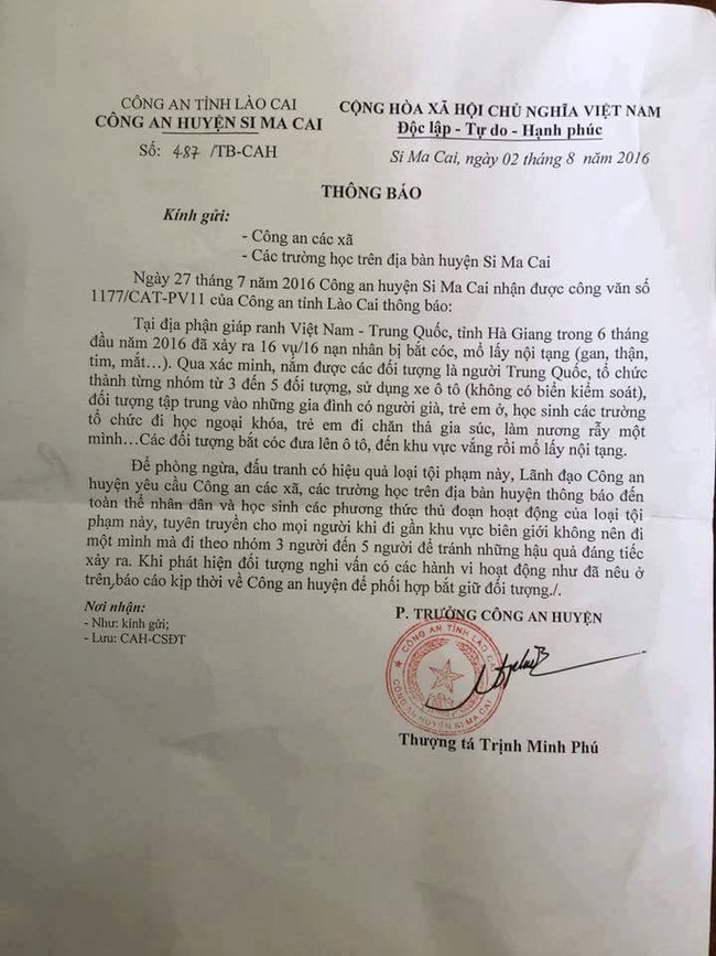 Công an Lào Cai thu hồi toàn bộ văn bản “cảnh báo bắt cóc lấy nội tạng” - Ảnh 1.
