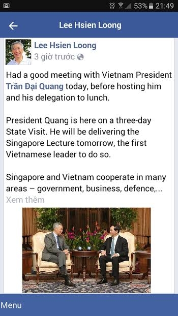 Thủ tướng Singapore, Lý Hiển Long, khoe ảnh lên Facebook, Chủ tịch nước Trần Đại Quang