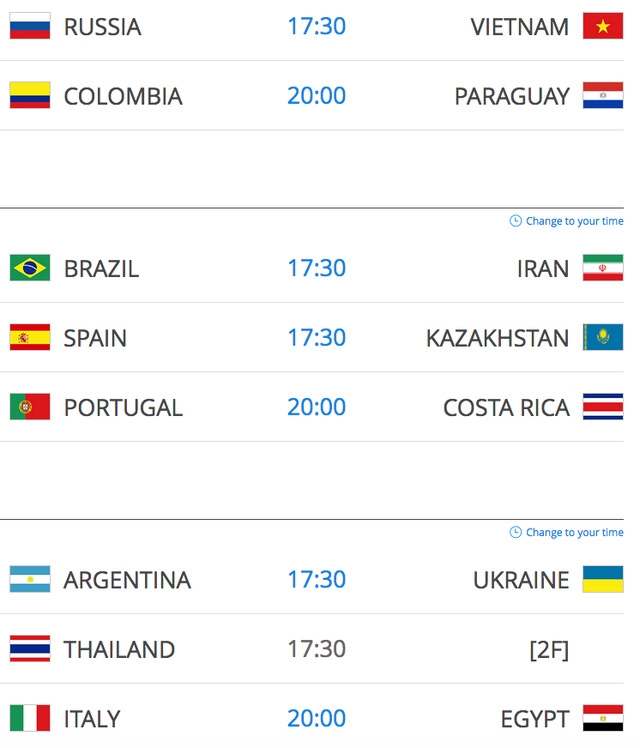  Các cặp đấu vòng 1/8 World Cup futsal 2016 