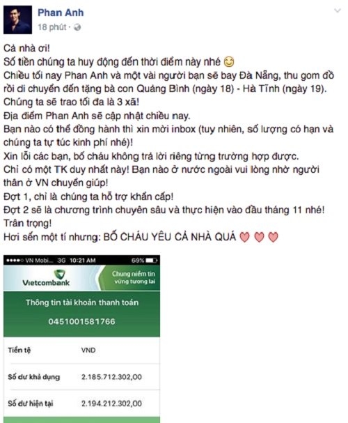 MC Phan Anh, Phan Anh ủng hộ miền Trung, Phan Anh