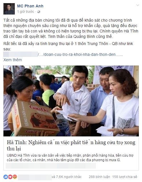 mc phan anh len tieng vu thon thu tien cuu tro cua dan roi chia lai hinh anh 1