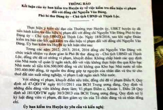  Kết luận chỉ rõ những sai phạm của Đảng ủy xã Thịnh Lộc, huyện Hậu Lộc (Thanh Hóa) 