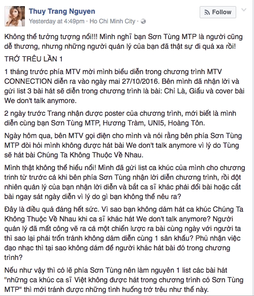 BTC đêm nhạc lên tiếng về tranh cãi giữa Trang Pháp và phía Sơn Tùng M-TP - Ảnh 2.