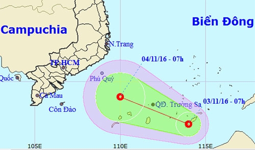 Dự báo hướng đi của áp thấp nhiệt đới. Ảnh: NCHMF.