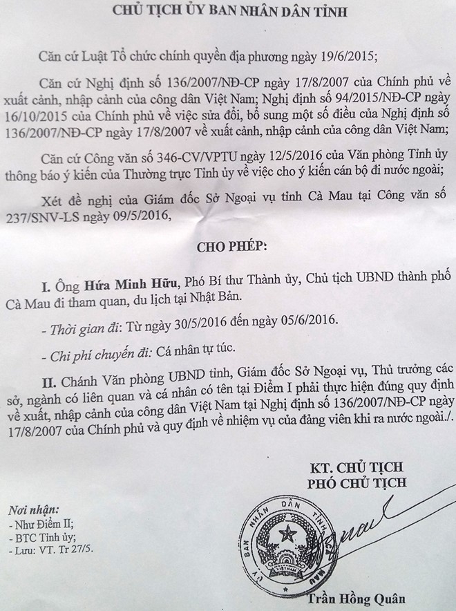 Chu tich TP Ca Mau tu tuc chi phi di du lich nuoc ngoai hinh anh 1