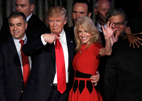 U.S. President-elect Donald Trump and his campaign manager Kellyanne Conway greet supporters during his election night rally in Manhattan, New York, U.S., November 9, 2016. REUTERS/Mike Segar
