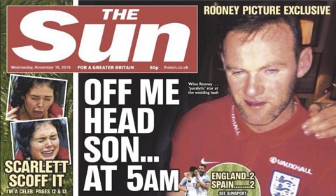 Rooney lên trang nhất các báo vì scandal say xỉn