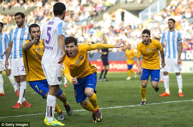  Messi ghi bàn quyết định giúp Barca thắng Malaga 2-1 ở trận đấu gần đây nhất 
