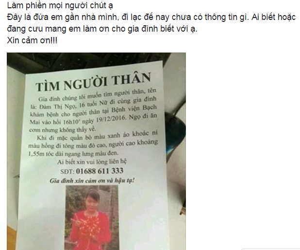 Dua bo len Ha Noi kham benh, co gai mat tich sau khi di mua do an