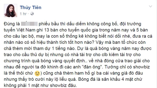 Thủy Tiên bức xúc khi Công Vinh không lọt Top 3 Quả bóng vàng Việt Nam - Ảnh 2.