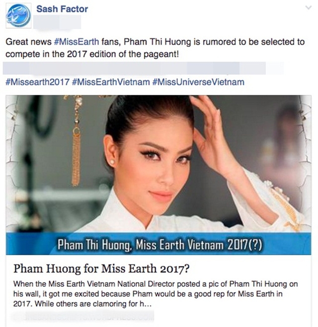 Trang Facebook chính thức của Sash Factor bất ngờ đăng tải một bài viết ủng hộ Phạm Hương đi thi Hoa hậu Trái đất 2017.