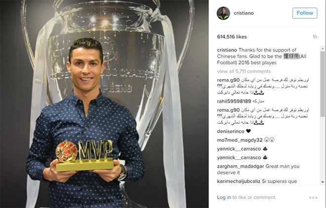 Ronaldo nhận giải Cầu thủ hay nhất trong mắt CĐV Trung Quốc - ảnh thể thao