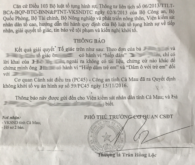  Công an Cà Mau trả lời không khởi tố vụ án hình sự liên quan đến vụ việc của em K. 