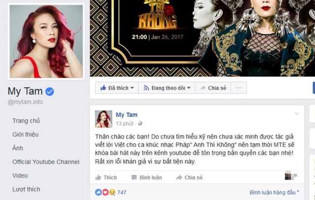 Chia sẻ của Mỹ Tâm trên trang fanpage. Thế nhưng thời điểm hiện tại Mỹ Tâm đã gỡ bỏ chia sẻ này.