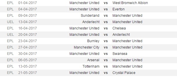 Lịch thi đấu của MU (chưa tính nếu MU lọt sâu ở Europa League) cho tới cuối mùa giải. Ngoài ra, MU còn trận đấu đá bù với Southampton chưa sắp xếp được lịch thi đấu