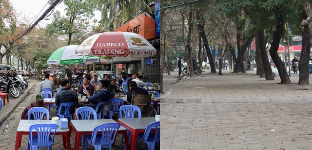 Vỉa hè đường Đặng Văn Ngữ trước và sau chiến dịch dọn dẹp vỉa hè. Nhiều chủ quán kêu trời vì mất đất làm ăn cho dù đó là đất lấn chiếm. Ảnh:H.Phương