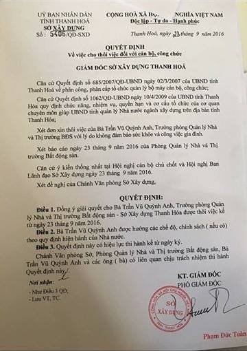 Quyết định cho thôi việc đối với bà Trần Vũ Quỳnh Anh.