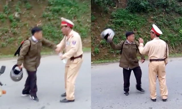 Người đàn ông có hành vị giằng gậy điều khiển giao thông và cầm mũ bảo hiểm dọa đánh một CSGT. (Ảnh cắt từ clip).