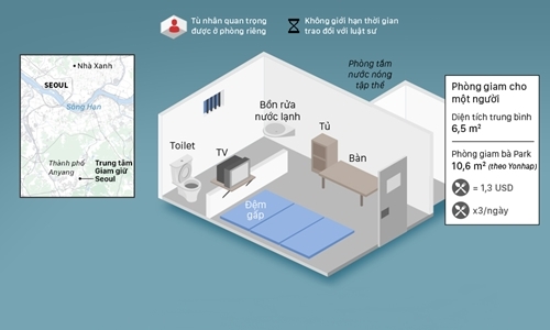 Phòng giam 10,6 m2 của cựu tổng thống Hàn Quốc. Bấm vào hình để xem chi tiết. Đồ họa: Việt Chung.