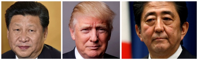 Ông Trump (giữa) sẽ có cuộc điện đàm với các ông Abe (phải) và Tập Cận Bình (trái) về Triều Tiên /// Reuters