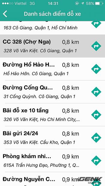  Các địa điểm đỗ xe sẽ hiển thị dưới dạng danh sách, bao gồm các thông tin như tên, địa chỉ, khoảng cách. 