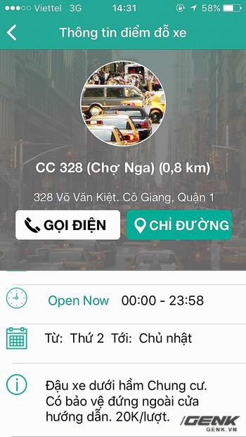  Chọn vào địa điểm để xem chi tiết các thông tin như giá tiền, thời gian hoạt động, và các lưu ý khi đỗ. Ngoài ra người dùng có thể liên hệ qua điện thoại với địa điểm đỗ xe cũng như chỉ đường đến đó. 