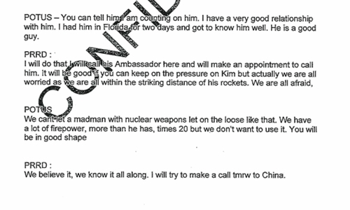 Một đoạn hội thoại giữa Tổng thống Mỹ Donald Trump và người đồng cấp Philippines Rodrigo Duterte. Ảnh: Washington Post.