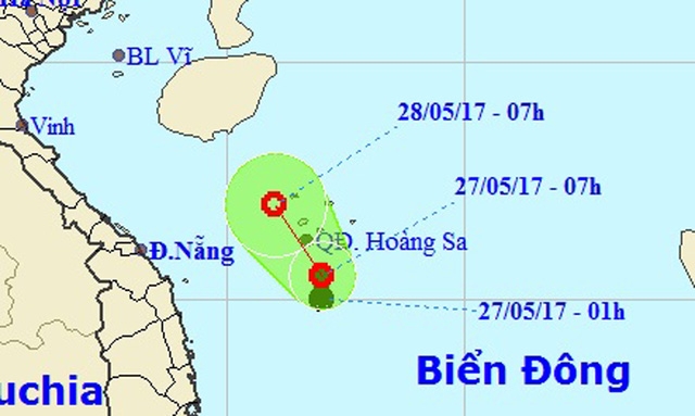 Vị trí và hướng di chuyển của vùng áp thấp nhiệt đới (Ảnh: NCHMF).