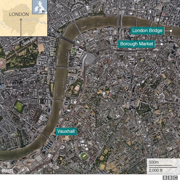  Các vụ tấn công xảy ra liên hoàn ở 3 địa điểm khác nhau của London tối 3/6. (Ảnh: BBC) 