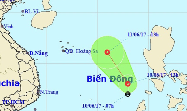 Vị trí và hướng di chuyển của áp thấp nhiệt đới (Ảnh: NCHMF).