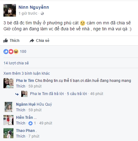  Cư dân mạng vui mừng chia sẻ tin vui đã tìm được 3 cháu bé. 