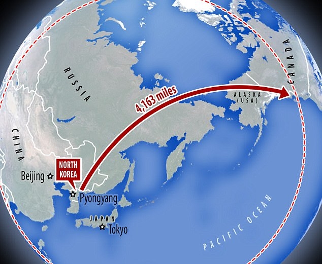  Chuyên gia cảnh báo, tên lửa mới của Triều Tiên có tầm bắn tới Alaska của Mỹ. (Đồ họa: Dailymail) 