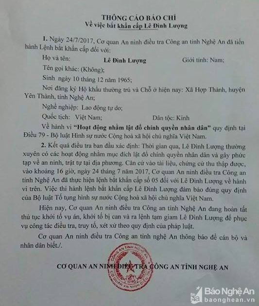 công an nghệ an, Lê Đình Lượng, chống đối nhà nước