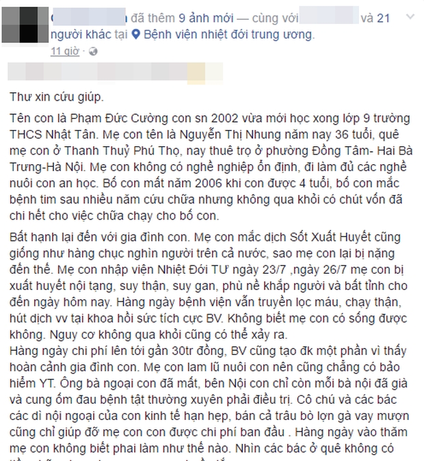 Mẹ hôn mê điều trị 30 triệu/ngày vì bị sốt xuất huyết, nam sinh 15 tuổi cầu cứu cộng đồng mạng - Ảnh 1.