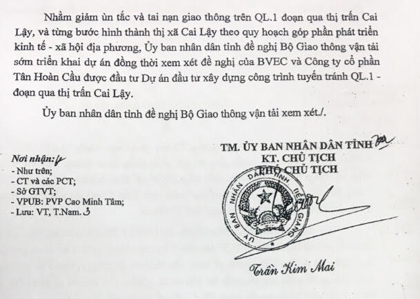 Văn bản UBND tỉnh Tiền Giang gửi Bộ GTVT đề nghị làm tuyến tránh Cai Lậy và giới thiệu nhà đầu tư BOT